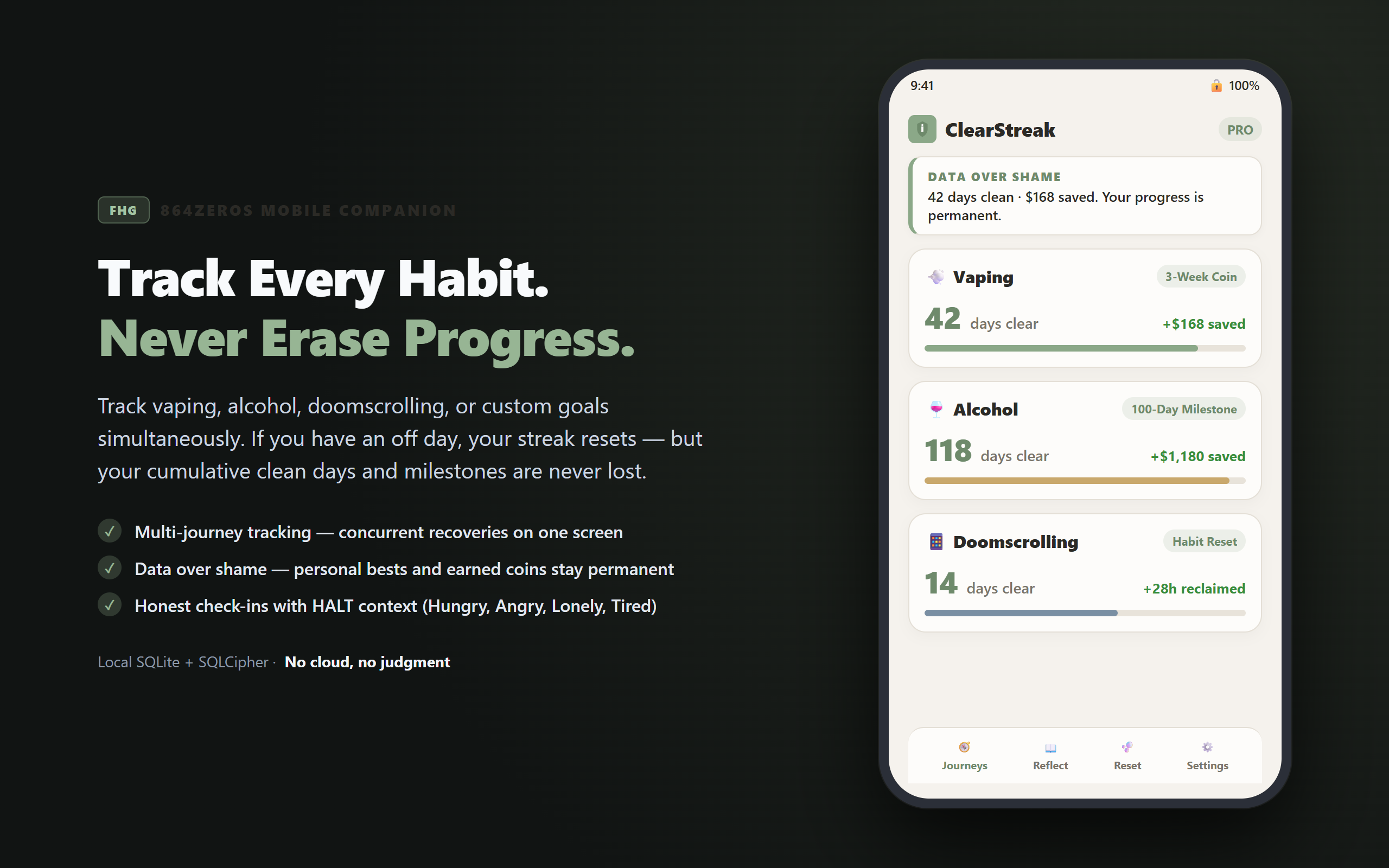 ClearStreak — journeys-first home with streaks and milestones
