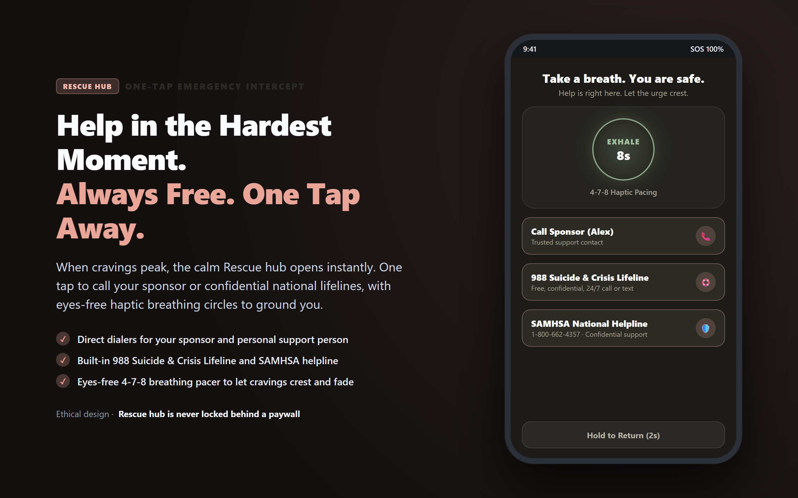 ClearStreak — one-tap crisis Rescue hub with lifelines and grounding tools
