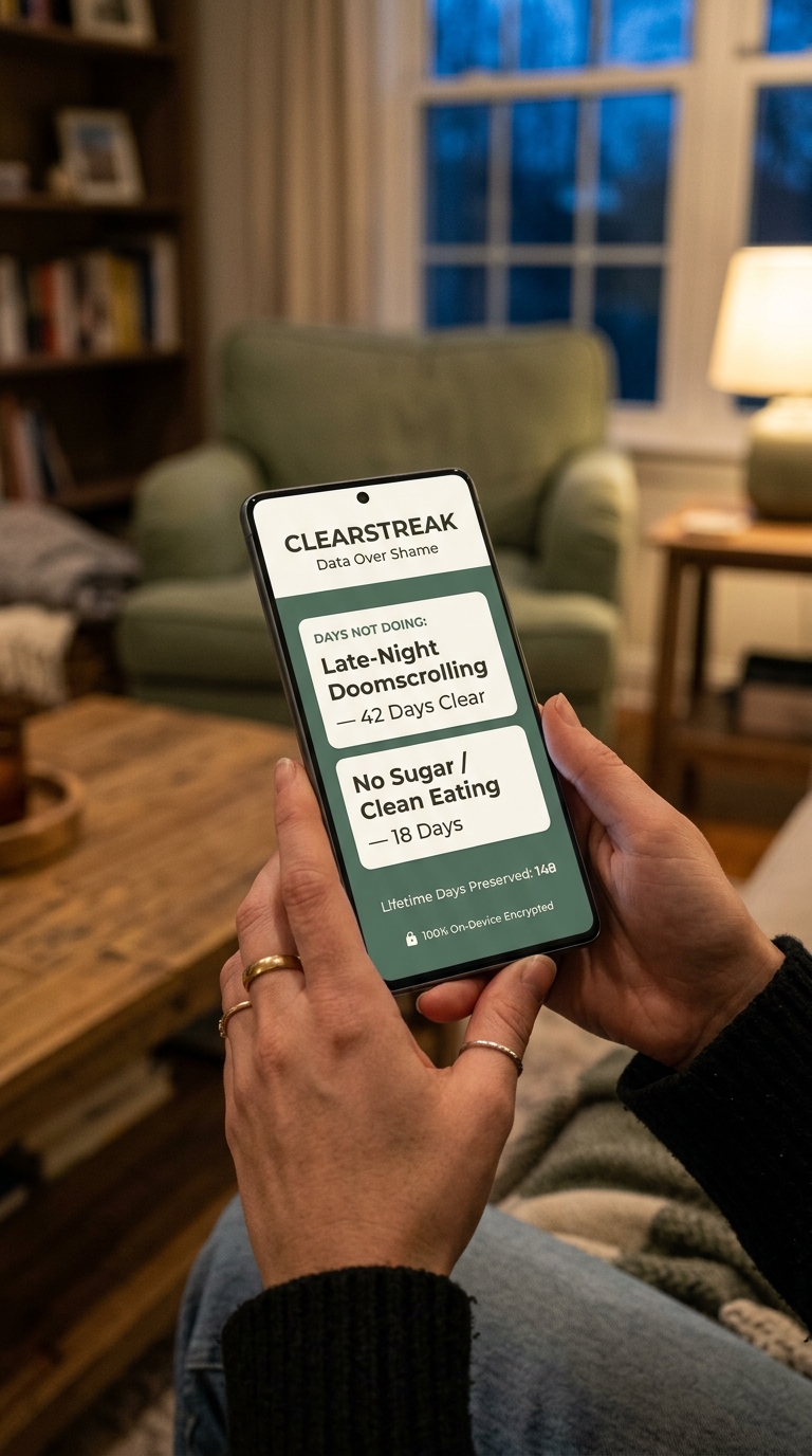 User holding ClearStreak in the evening tracking Days Not Doing Late-Night Doomscrolling and No Sugar with 148 Lifetime Days Preserved