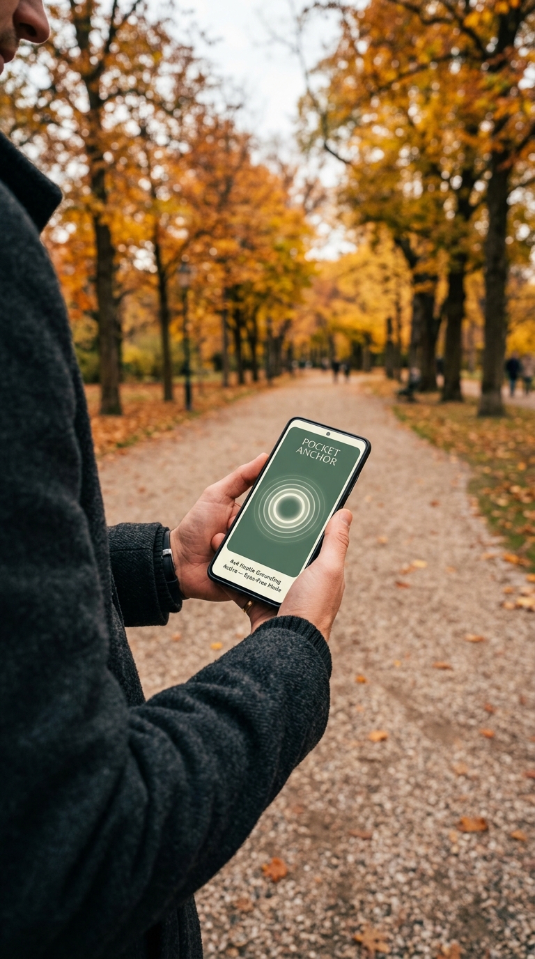 User walking outdoors holding ClearStreak with the Tactile Pocket Anchor eyes-free haptic breather active