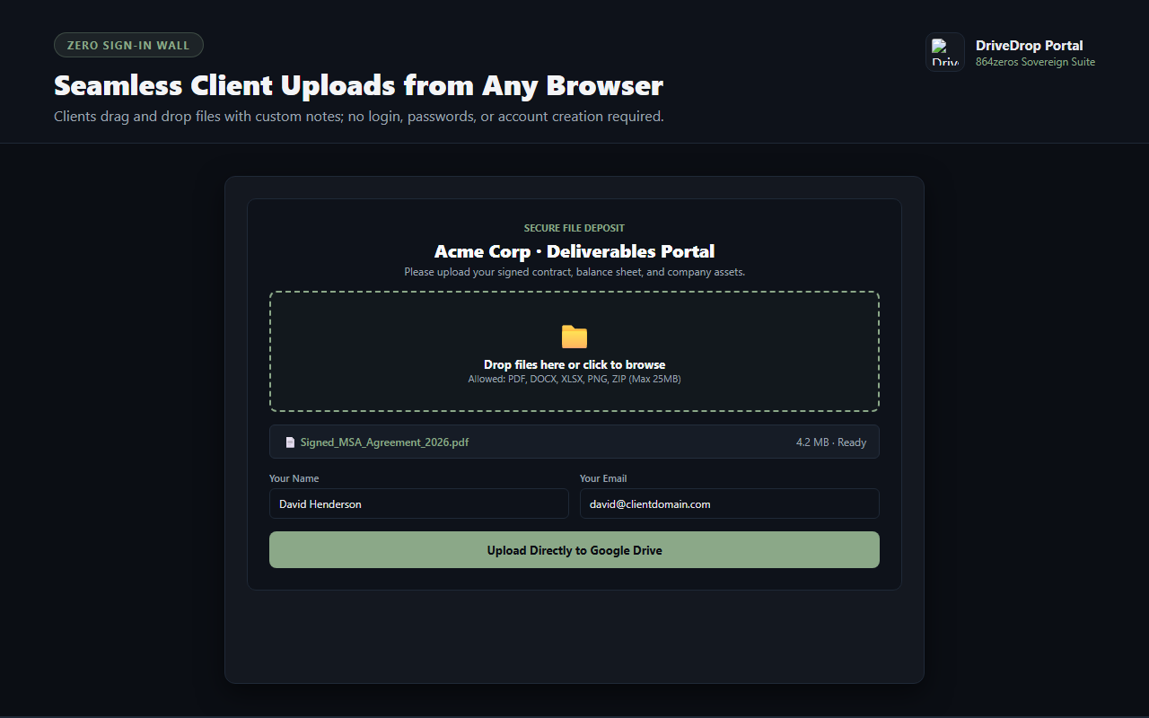 DriveDrop Portal — client-facing drag-and-drop file upload interface