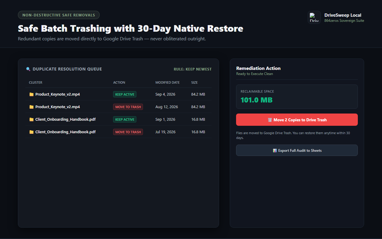 DriveSweep Local — duplicate clustering and safe batch trash execution