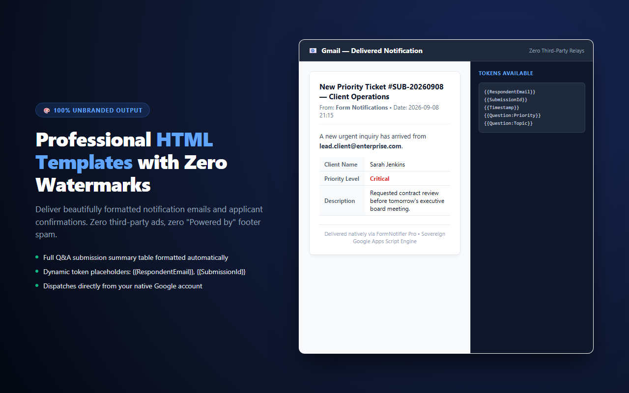 FormNotifier Pro — styled HTML emails with dynamic token placeholders