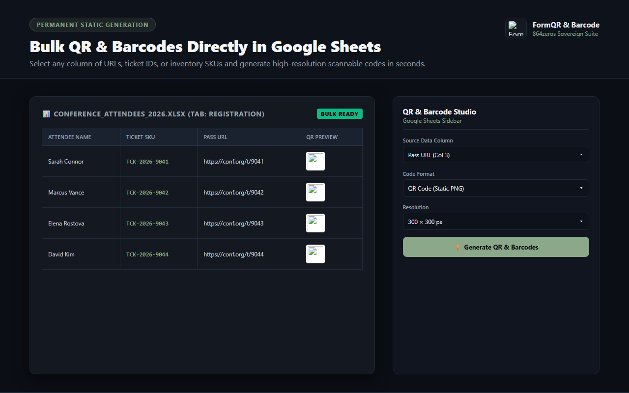 FormQR & Barcode — spreadsheet column selection and format controls