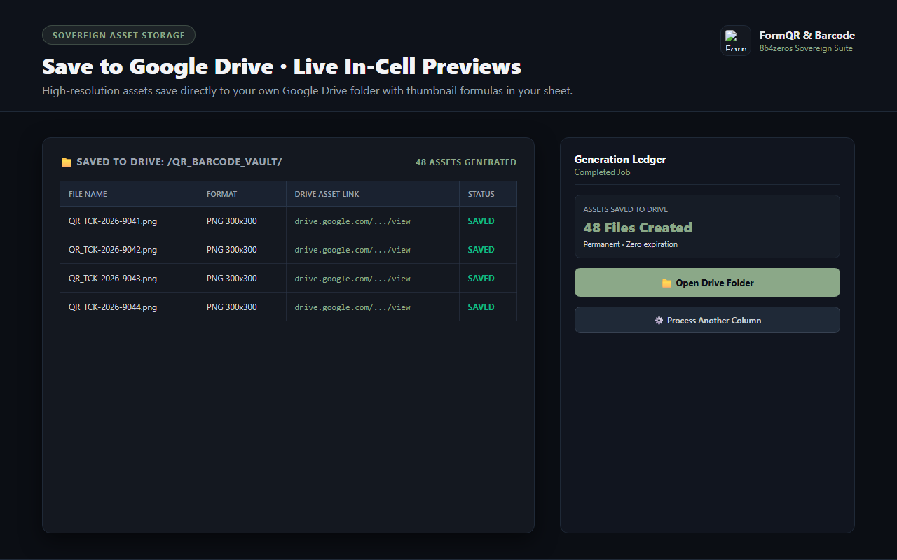 FormQR & Barcode — Google Drive vault storage and in-cell previews