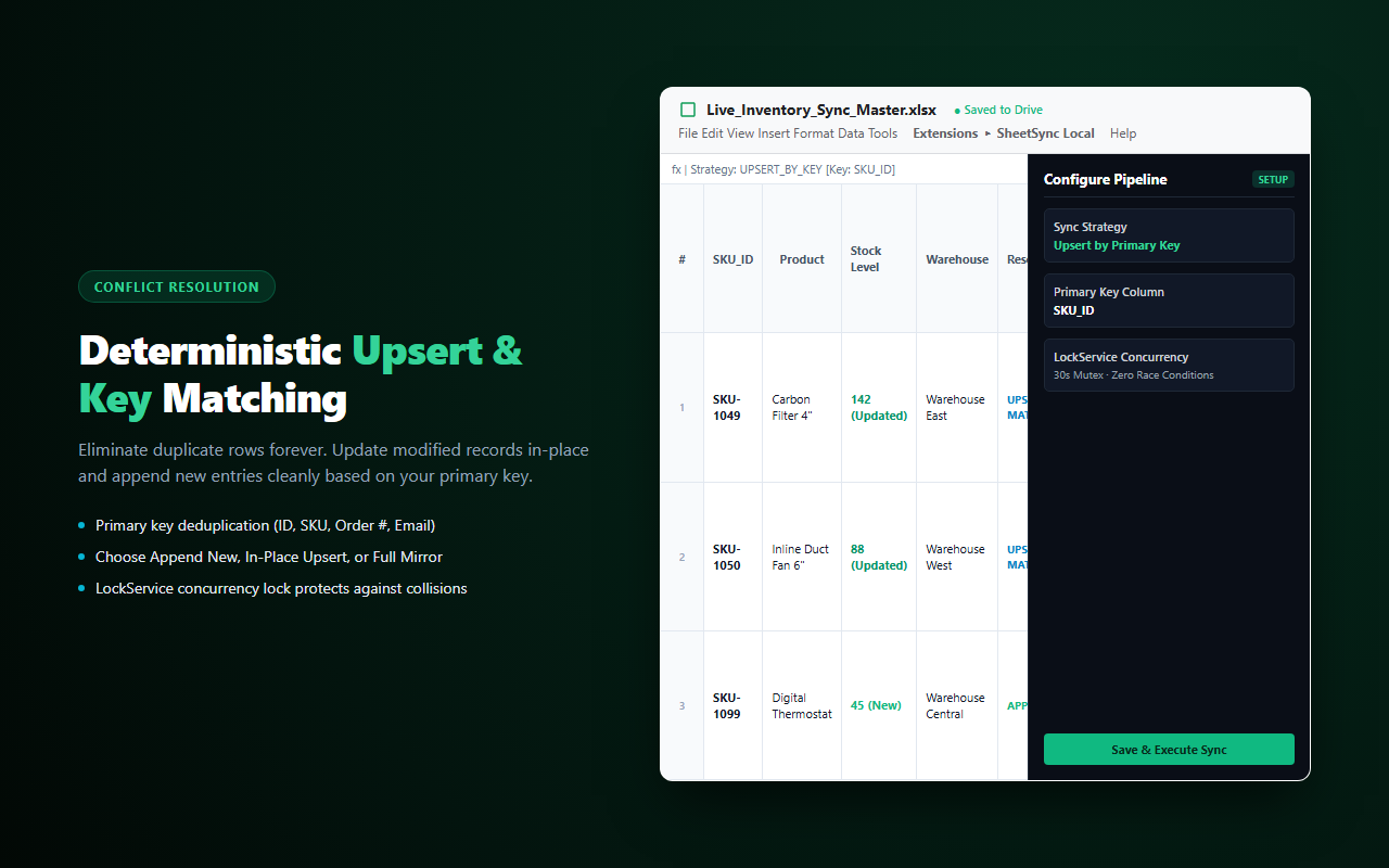 SheetSync Local — upsert by key and conflict resolution engine