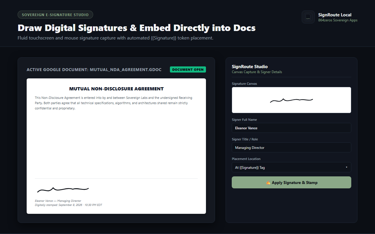 SignRoute Local — HTML5 signature capture canvas and token placement