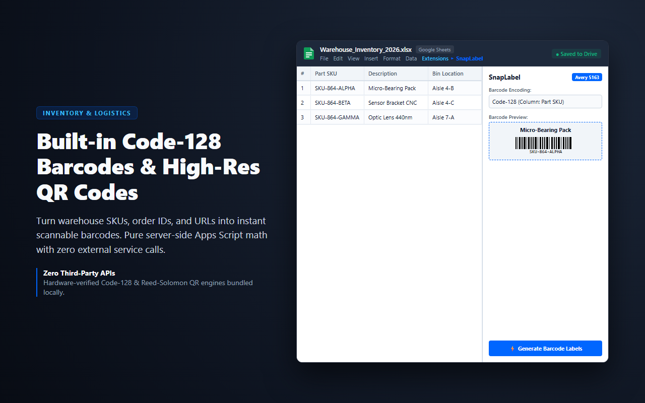 SnapLabel — built-in Code-128 barcodes and high-res QR codes