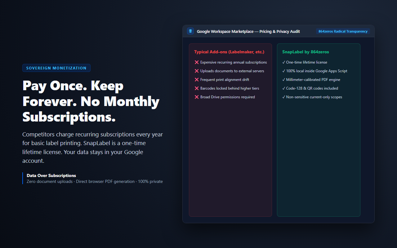 SnapLabel — one-time lifetime license vs subscription competitors