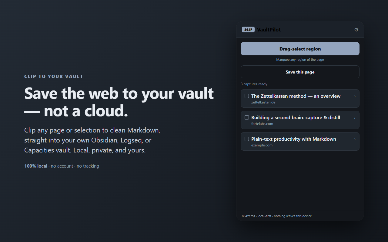 VaultPilot — clip any page to clean Markdown in your own vault